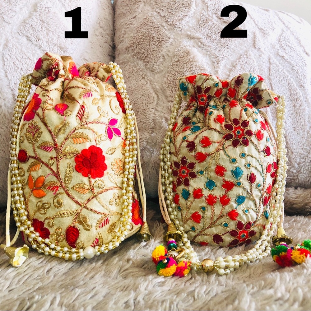 Boho Chic Hand Embroidered Drawstring Pouch Bag - Picture 4 of 7